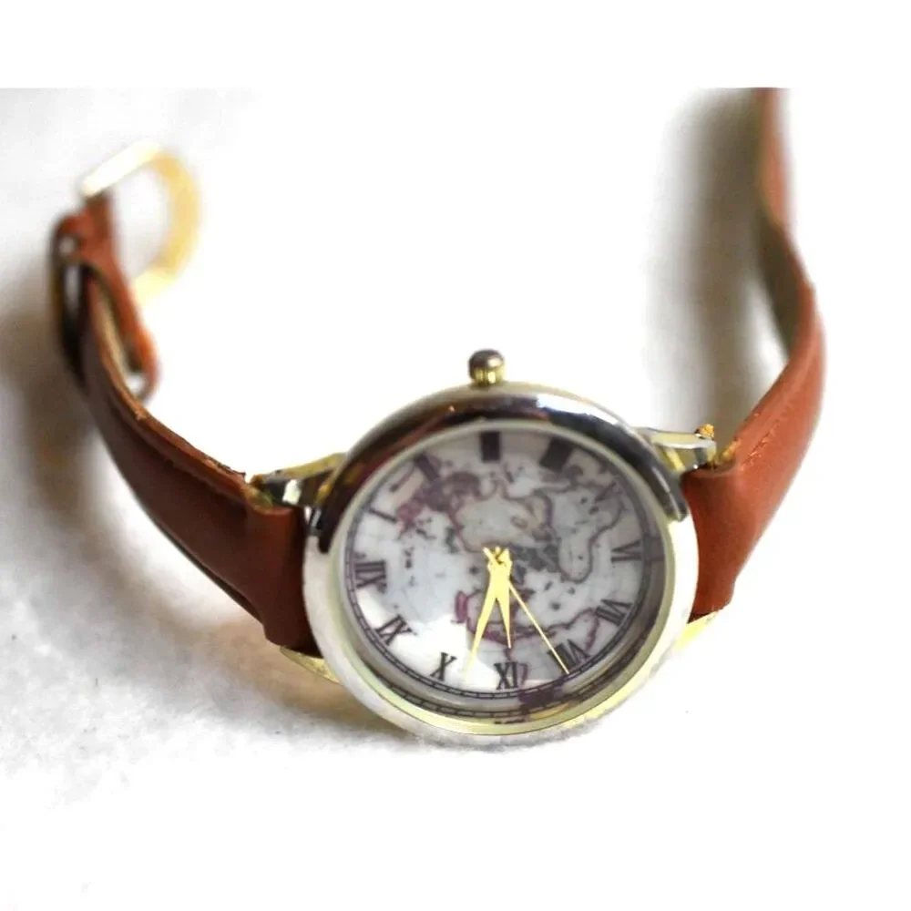 Accutime World Map Brown Leather 8.5